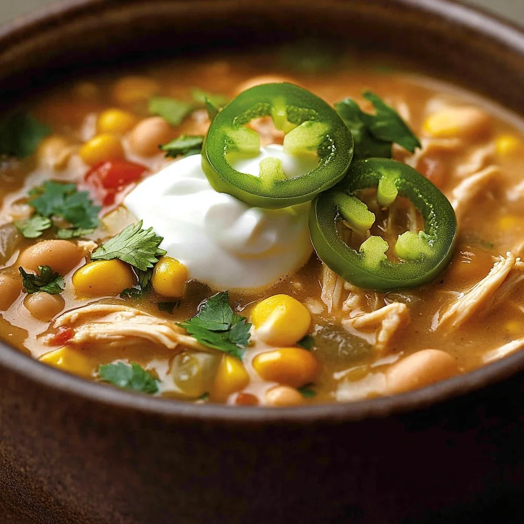 Delicious bowl of ultimate cream cheese white chicken chili topped with cilantro