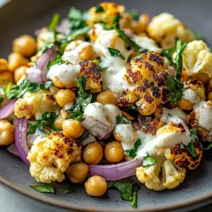 Ultimate roasted cauliflower chickpea salad with fresh greens and dressing