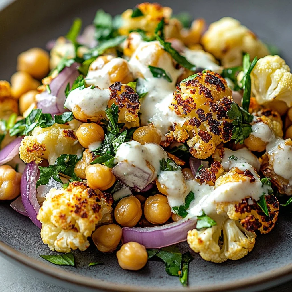 Ultimate roasted cauliflower chickpea salad with fresh greens and dressing