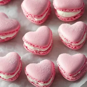 Delicious vanilla heart-shaped macarons displayed on a plate.