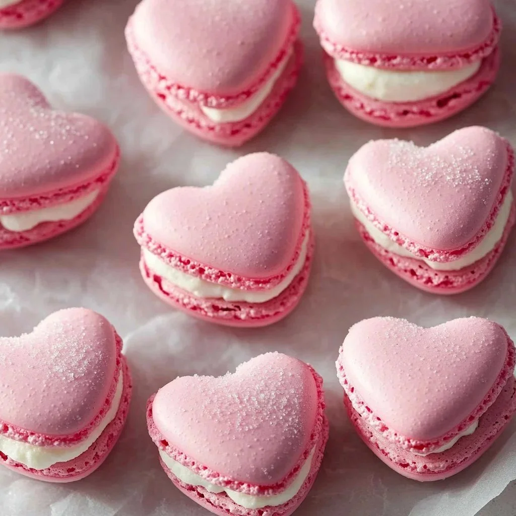 Delicious vanilla heart-shaped macarons displayed on a plate.