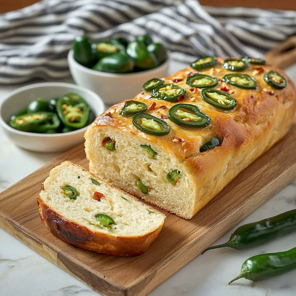 Vegan jalapeño cheese bread with vibrant jalapeños and a cheesy texture