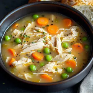 A bowl of velvety chicken soup garnished with herbs and vegetables.