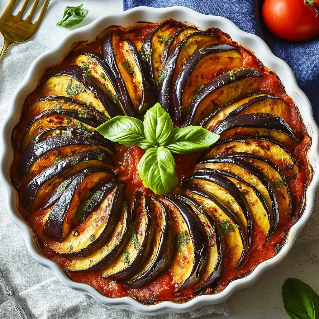 Vibrant spiral ratatouille showcasing colorful vegetables arranged in a spiral pattern.