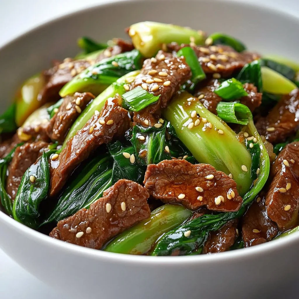 Delicious beef stir-fry with bok choy on a plate