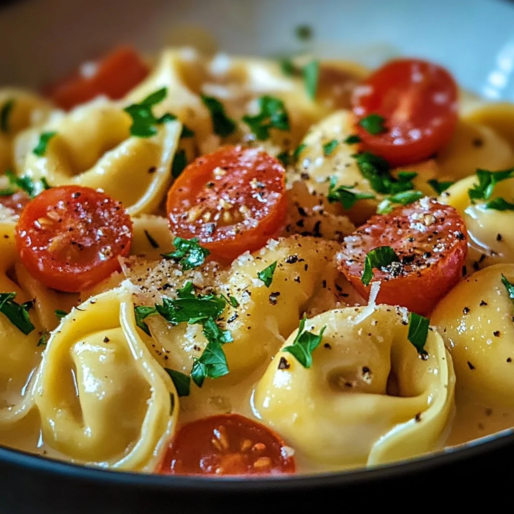 Creamy Cajun Alfredo Tortellini topped with herbs and spices in a bowl.