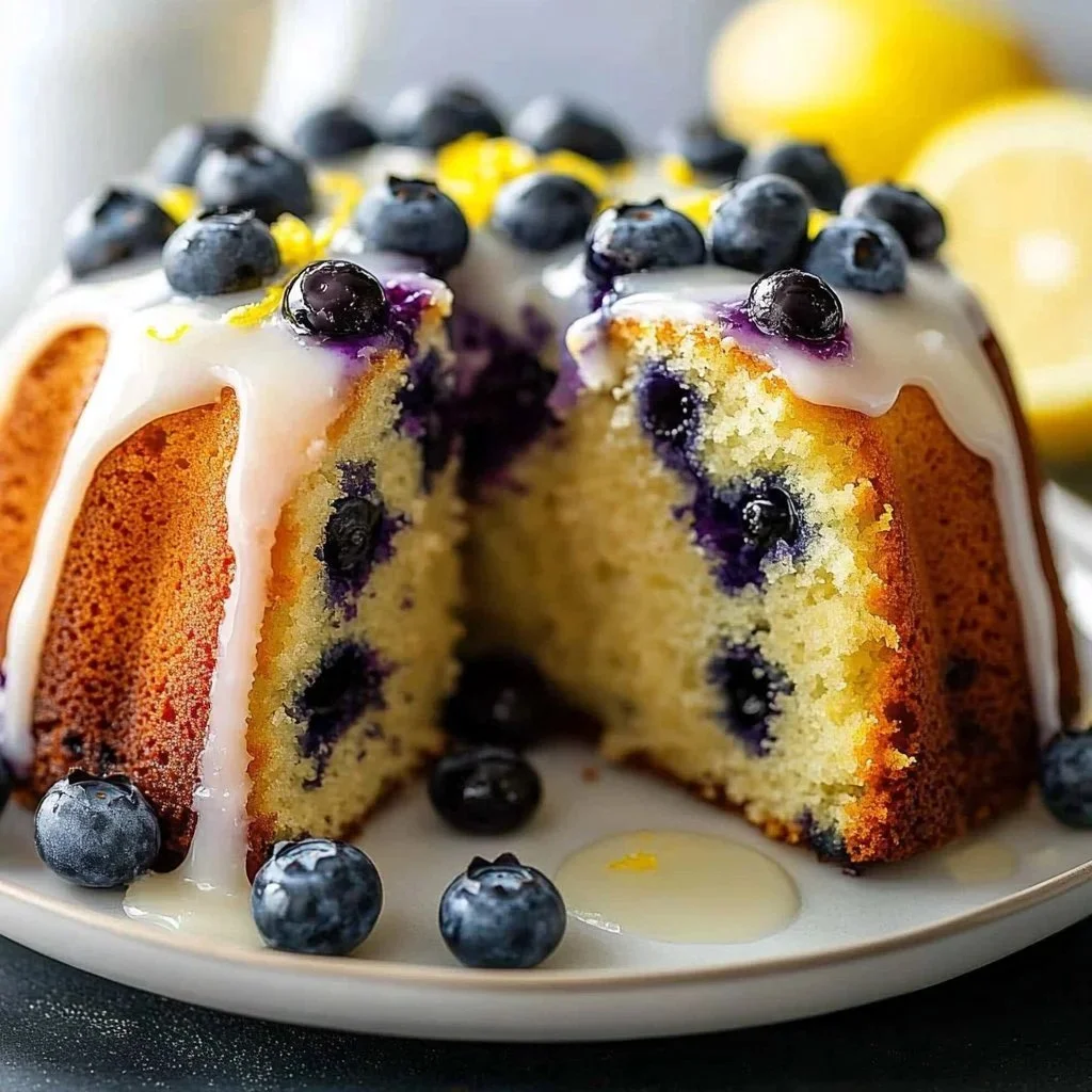 Delicious zesty lemon blueberry bundt cake with a vibrant glaze